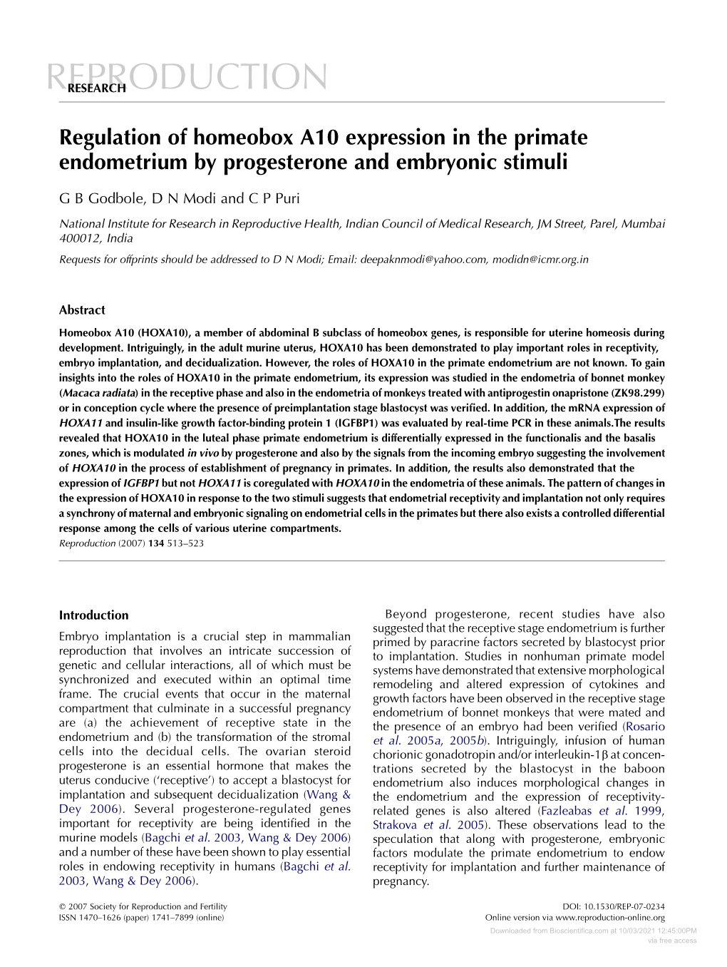 Regulation of Homeobox A10 Expression in the Primate Endometrium by Progesterone and Embryonic Stimuli