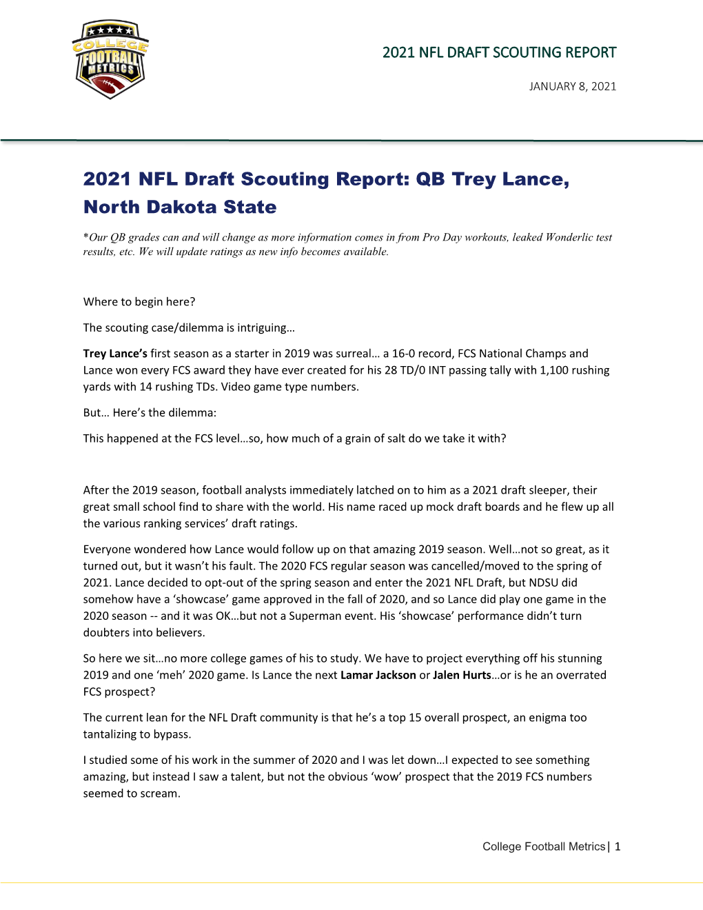 2021 NFL Draft Scouting Report: QB Trey Lance, North Dakota State