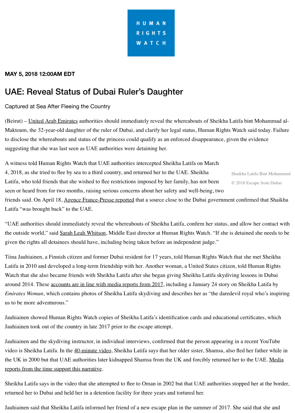 UAE: Reveal Status of Dubai Ruler's Daughter