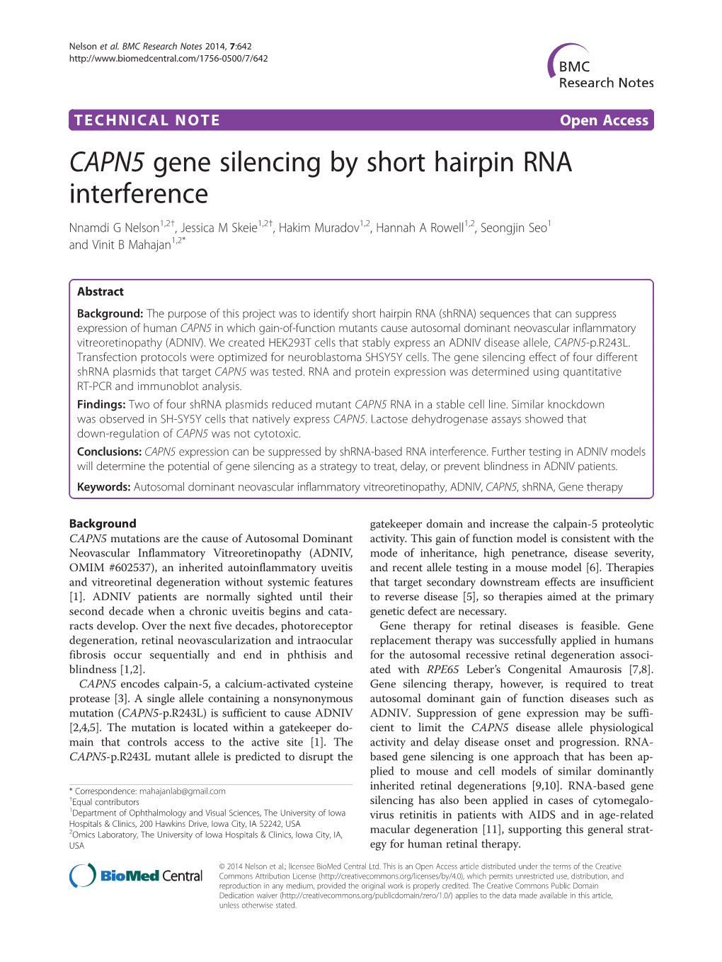 CAPN5 Gene Silencing by Short Hairpin RNA Interference