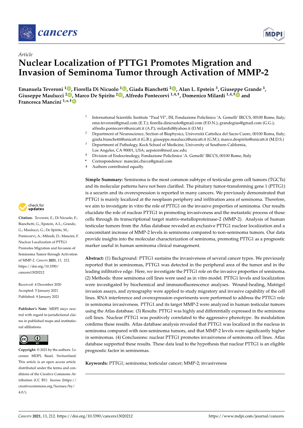 Nuclear Localization of PTTG1 Promotes Migration and Invasion of Seminoma Tumor Through Activation of MMP-2