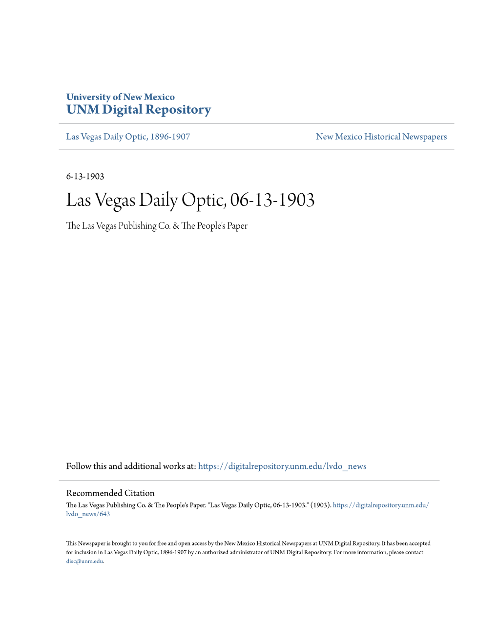 Las Vegas Daily Optic, 06-13-1903 the Las Vegas Publishing Co