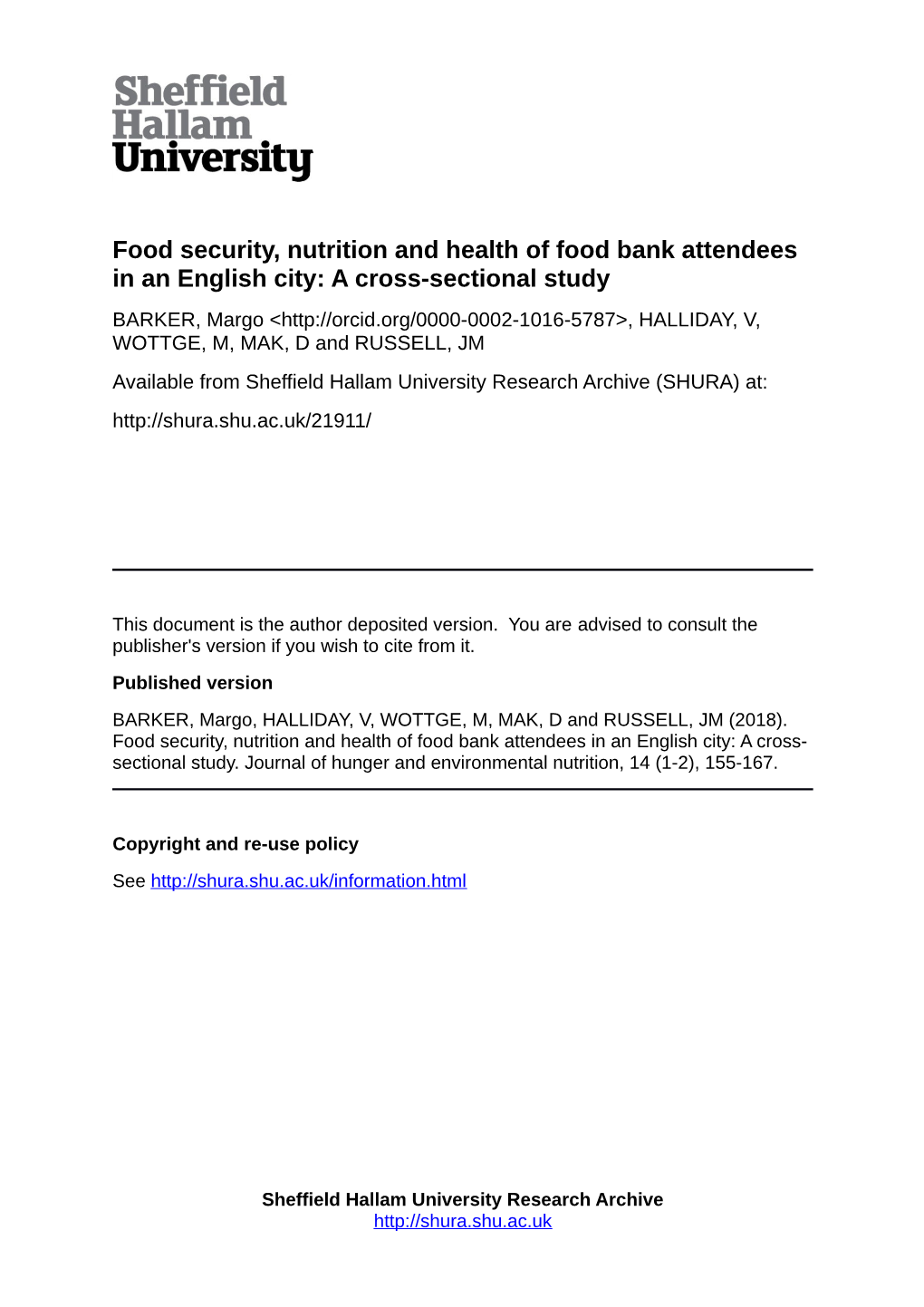 Food Security, Nutrition and Health of Food Bank Attendees in an English City