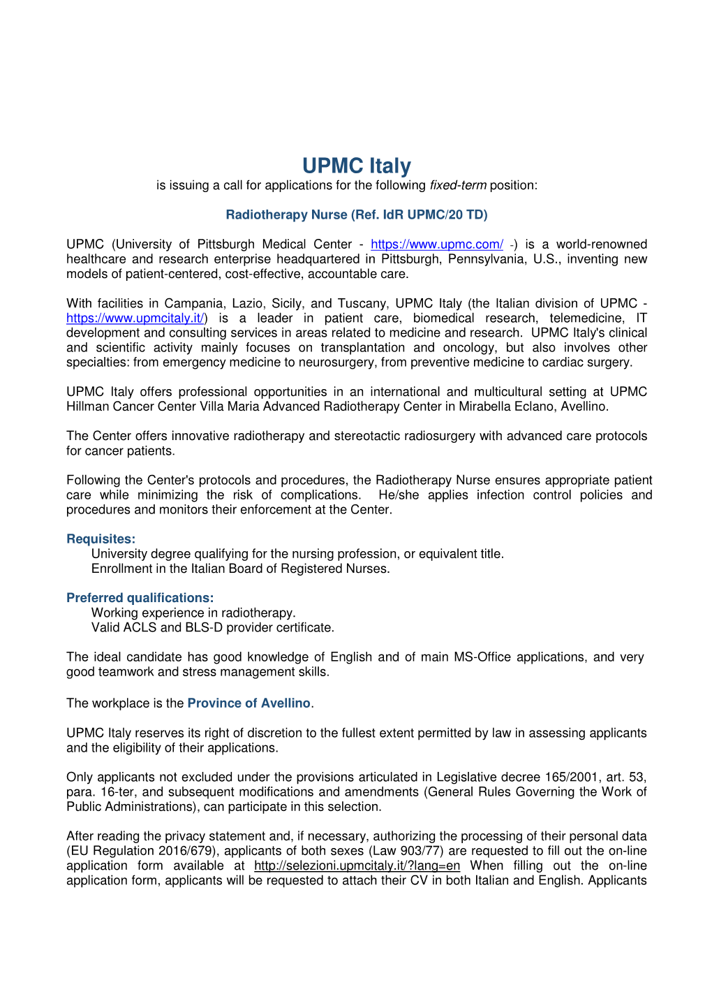 UPMC Italy Is Issuing a Call for Applications for the Following Fixed-Term Position