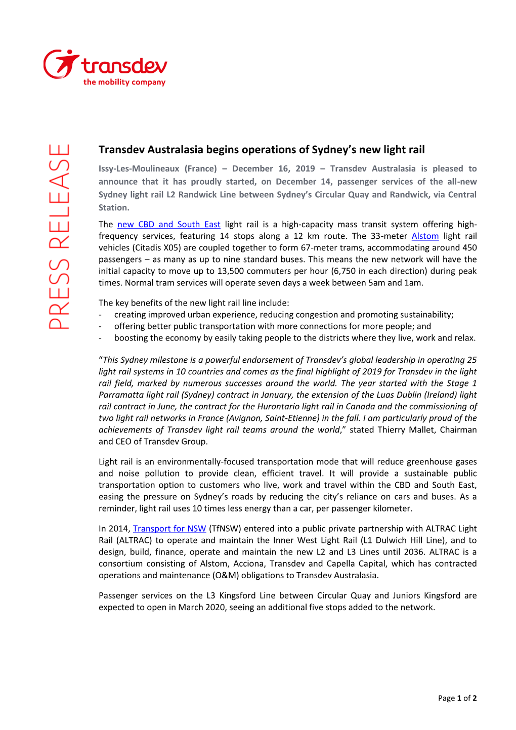 Transdev Australasia Begins Operations of Sydney's New Light Rail