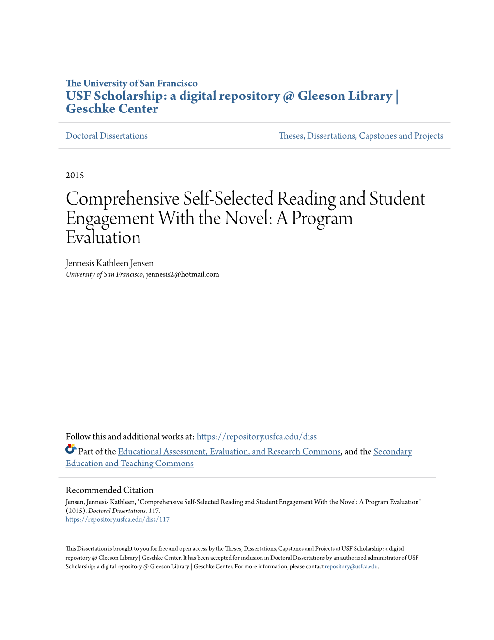 Comprehensive Self-Selected Reading and Student Engagement