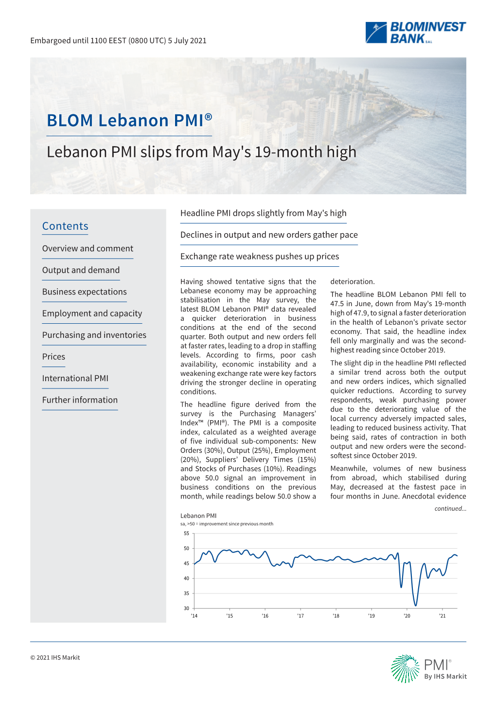 BLOM Lebanon PMI® Lebanon PMI Slips from May's 19-Month High