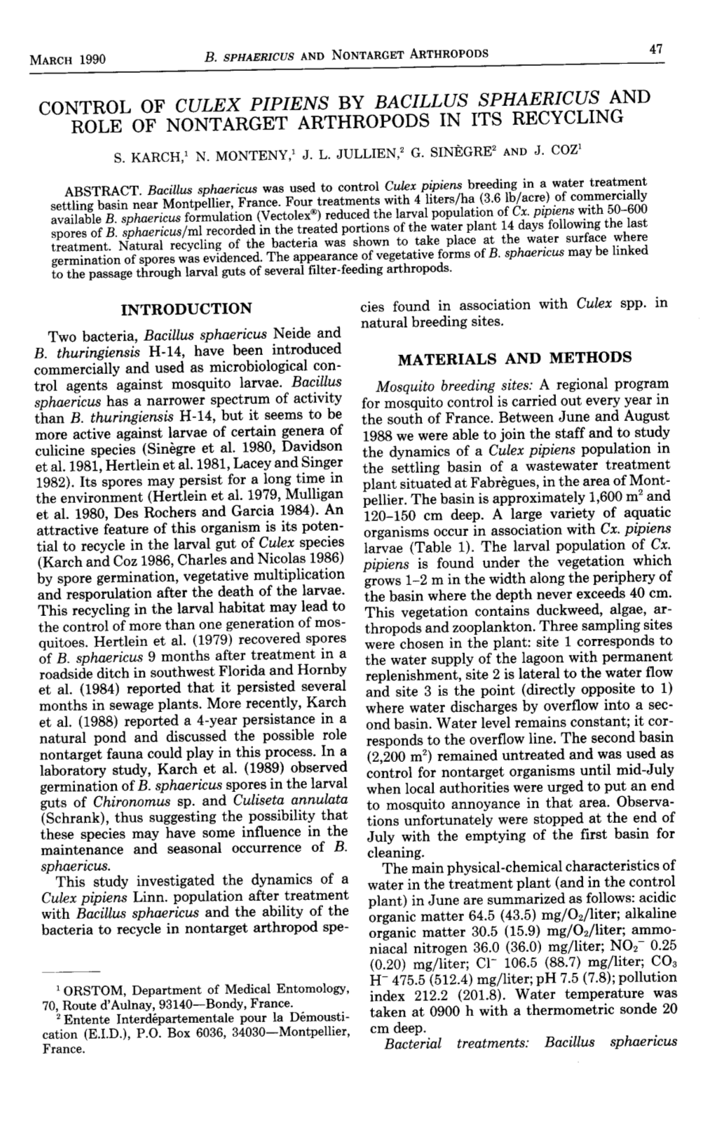 Control of Culex Pipiens by Bacillus Sphaericus And