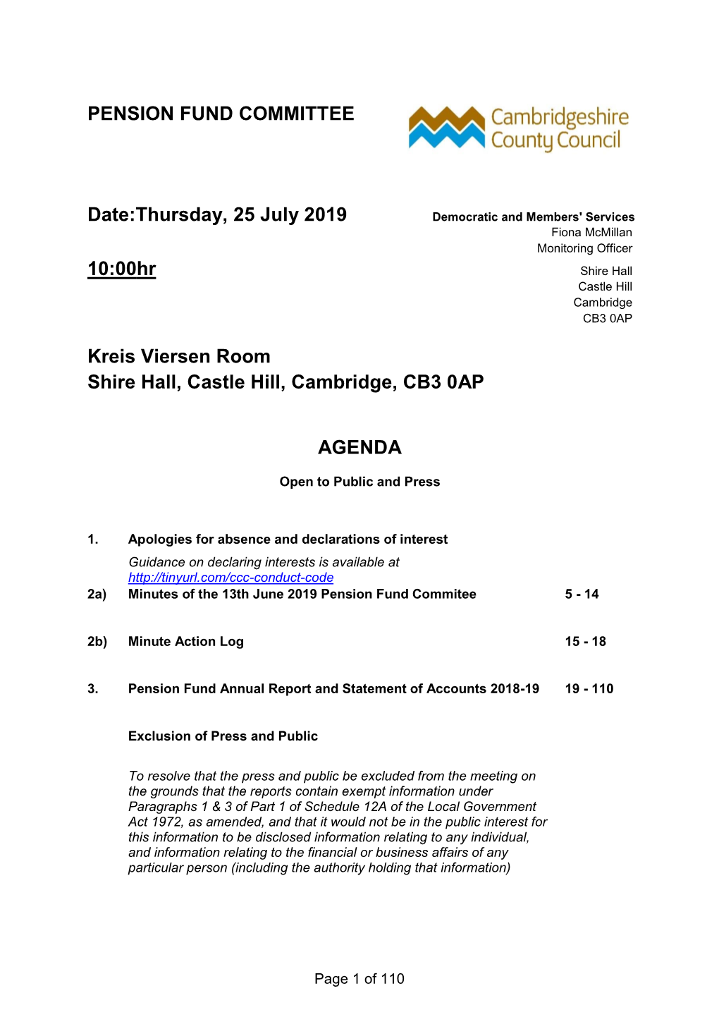 PENSION FUND COMMITTEE Date:Thursday, 25 July 2019