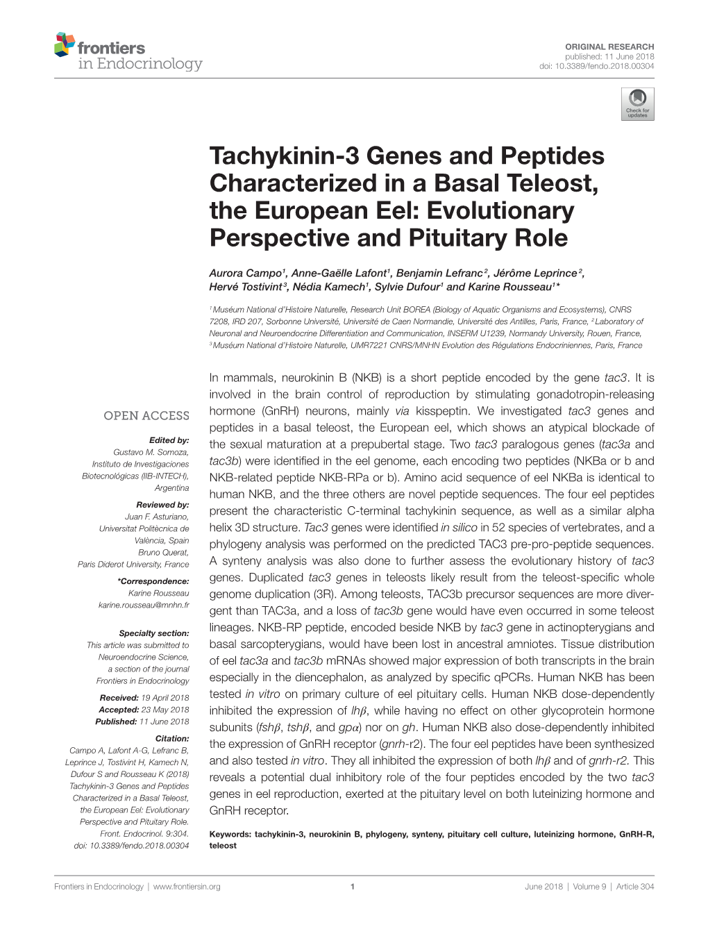 Tachykinin-3 Genes and Peptides Characterized in a Basal Teleost, the European Eel: Evolutionary Perspective and Pituitary Role