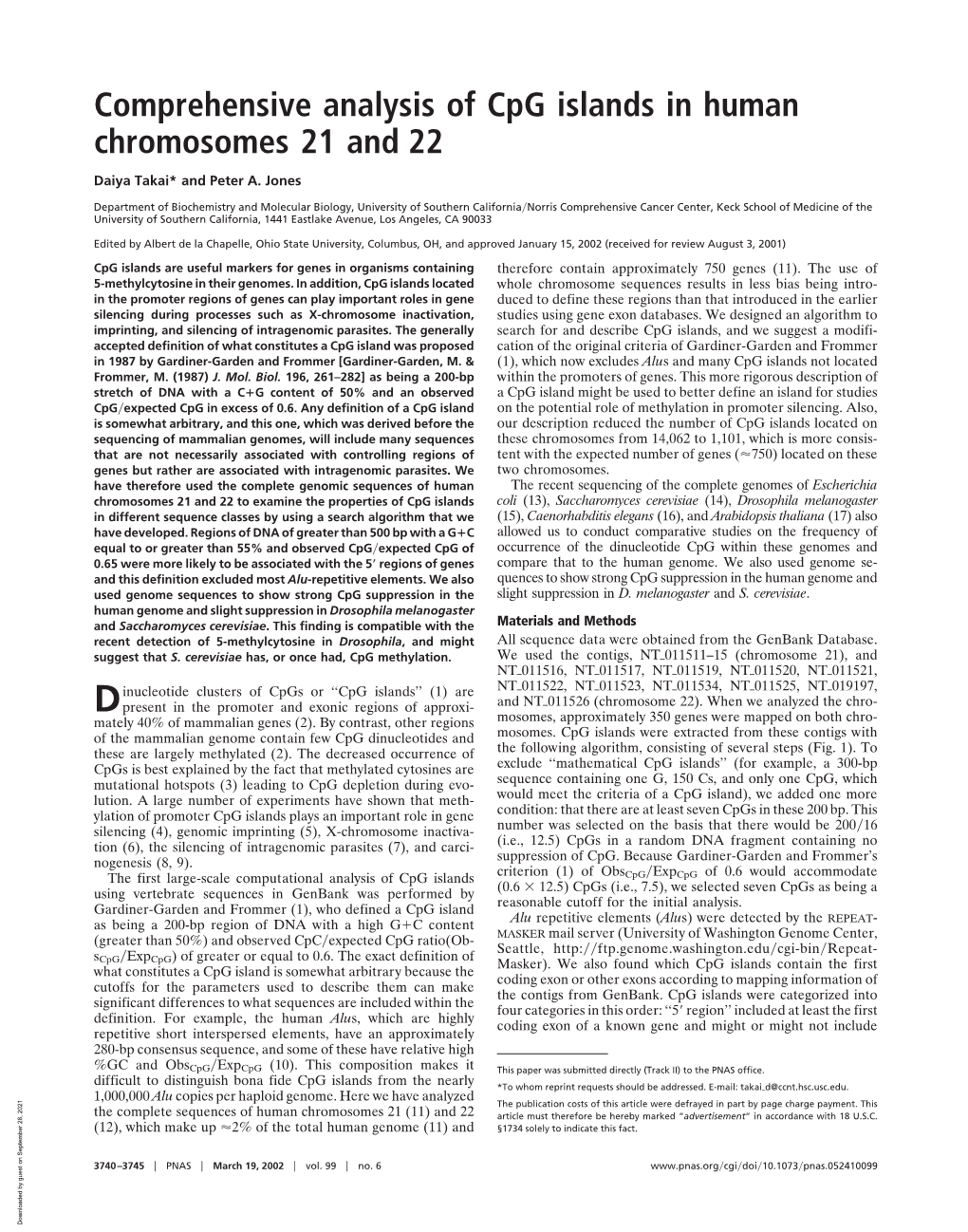 Comprehensive Analysis of Cpg Islands in Human Chromosomes 21 and 22