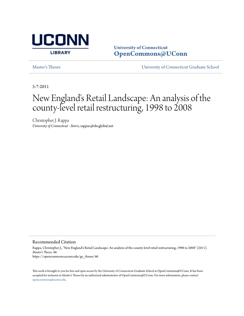 New England's Retail Landscape: an Analysis of the County-Level Retail Restructuring, 1998 to 2008 Christopher J