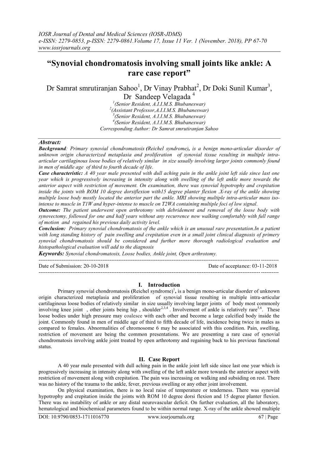 “Synovial Chondromatosis Involving Small Joints Like Ankle: a Rare Case Report”