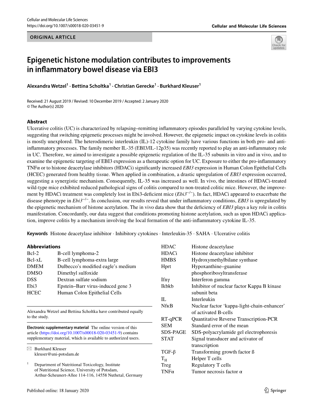 Epigenetic Histone Modulation Contributes to Improvements in Infammatory Bowel Disease Via EBI3