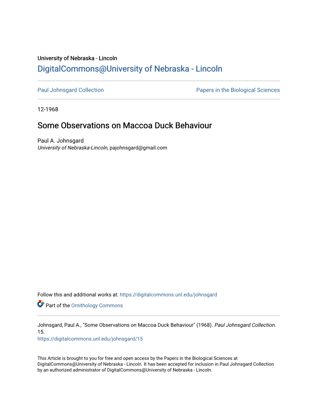 Some Observations on Maccoa Duck Behaviour