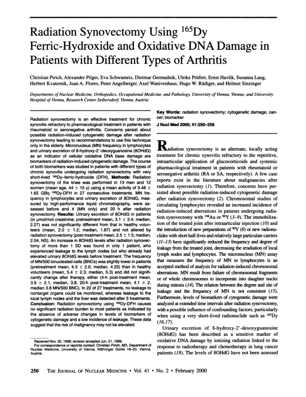 Radiation Synovectomy Using 165Dy Ferric-Hydroxide and Oxidative DNA Damage in Patients with Different Types of Arthritis