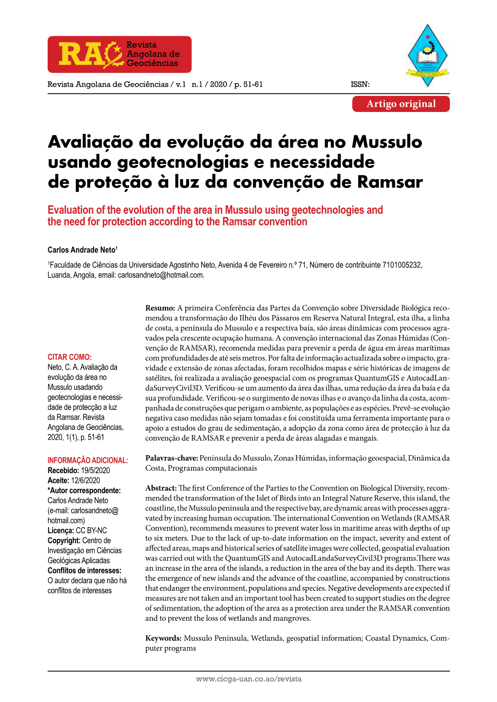 Avaliação Da Evolução Da Área No Mussulo Usando Geotecnologias E Necessidade De Proteção À Luz Da Convenção De Ramsar