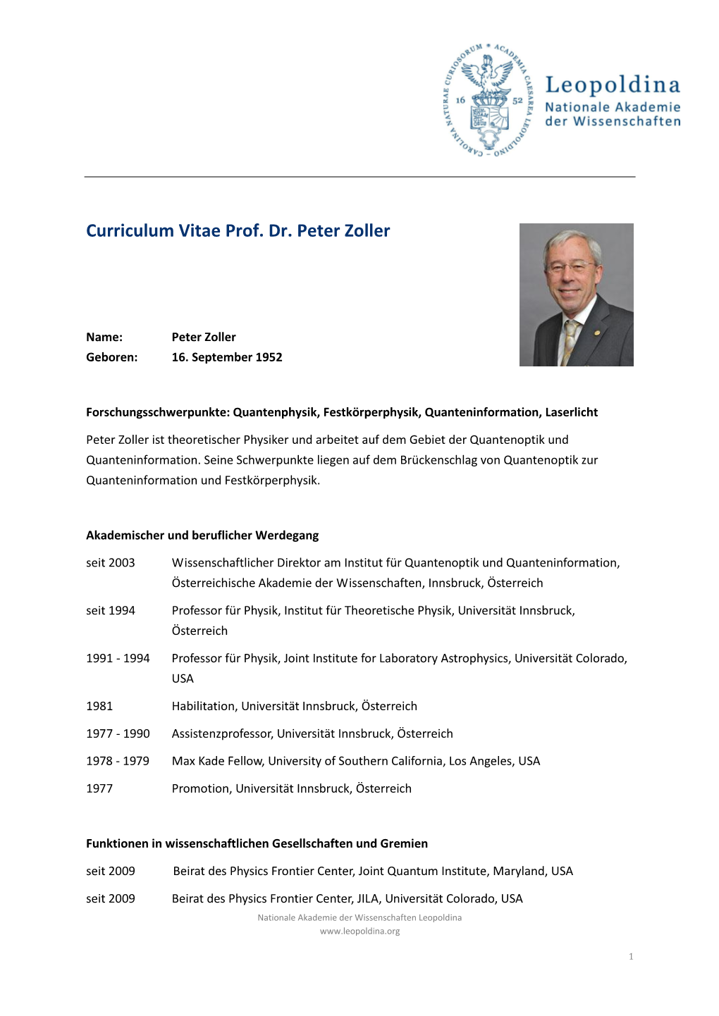 CV Peter Zoller