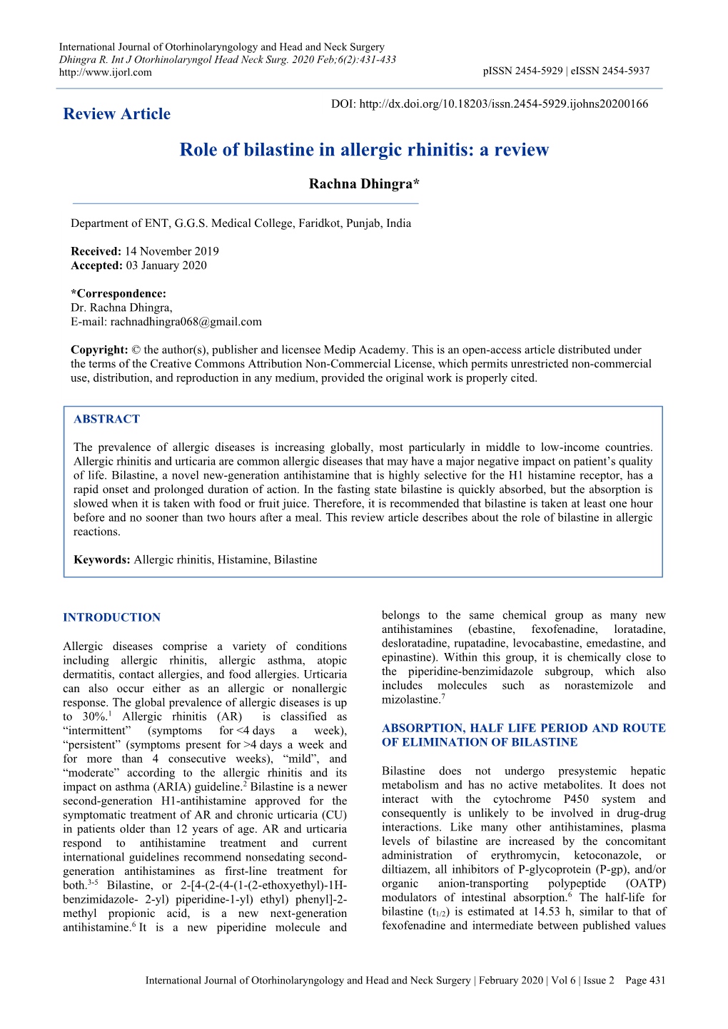 Role of Bilastine in Allergic Rhinitis: a Review