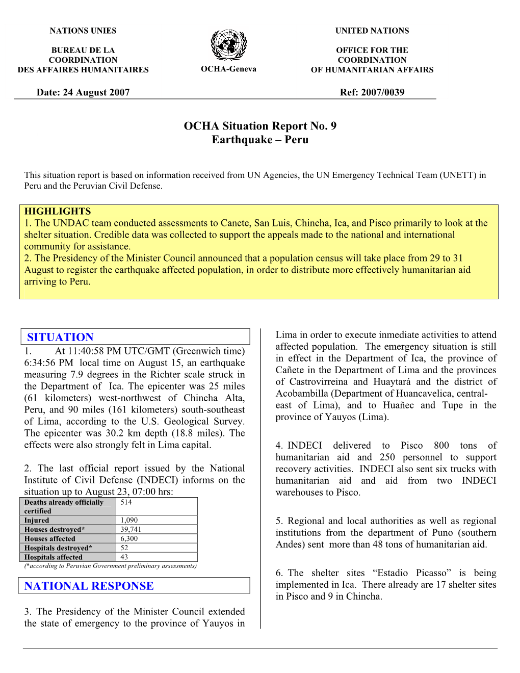 OCHA Situation Report No. 9 Earthquake – Peru SITUATION