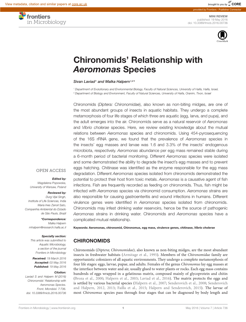 Chironomids' Relationship with Aeromonas Species