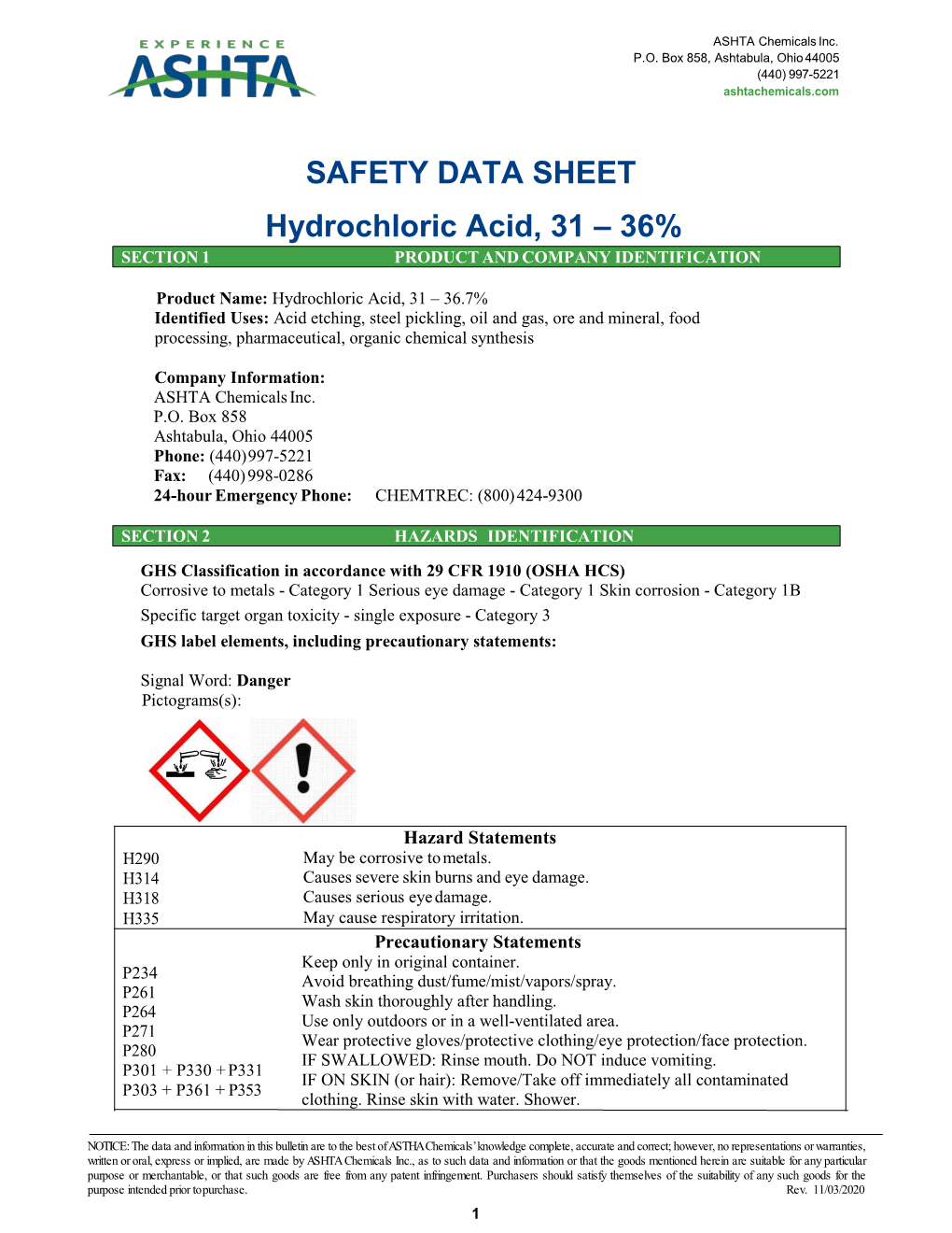 SAFETY DATA SHEET Hydrochloric Acid, 31 – 36% SECTION 1 PRODUCT and COMPANY IDENTIFICATION