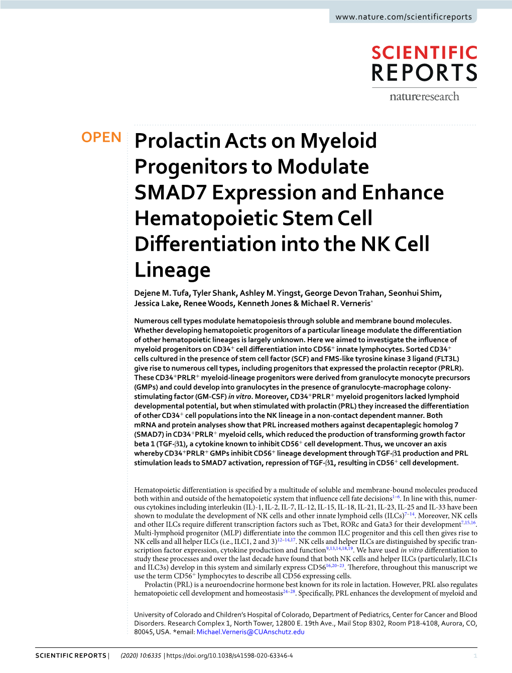 Prolactin Acts on Myeloid Progenitors to Modulate SMAD7 Expression and Enhance Hematopoietic Stem Cell Differentiation Into