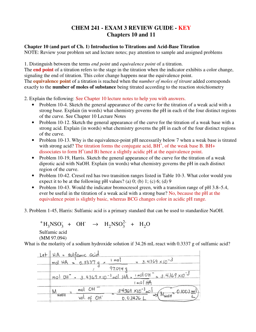 CHEM 241 - EXAM 3 REVIEW GUIDE - KEY Chapters 10 and 11