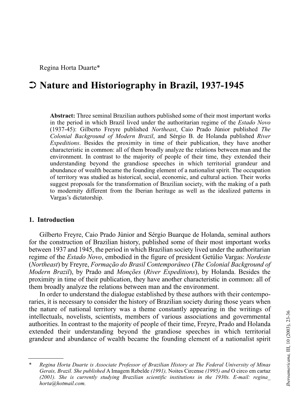 Nature and Historiography in Brazil, 1937-1945