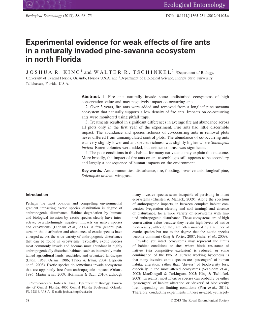 King and Tschinkel 2013 Weak Effects in Savannah Ecol Entomol.Pdf