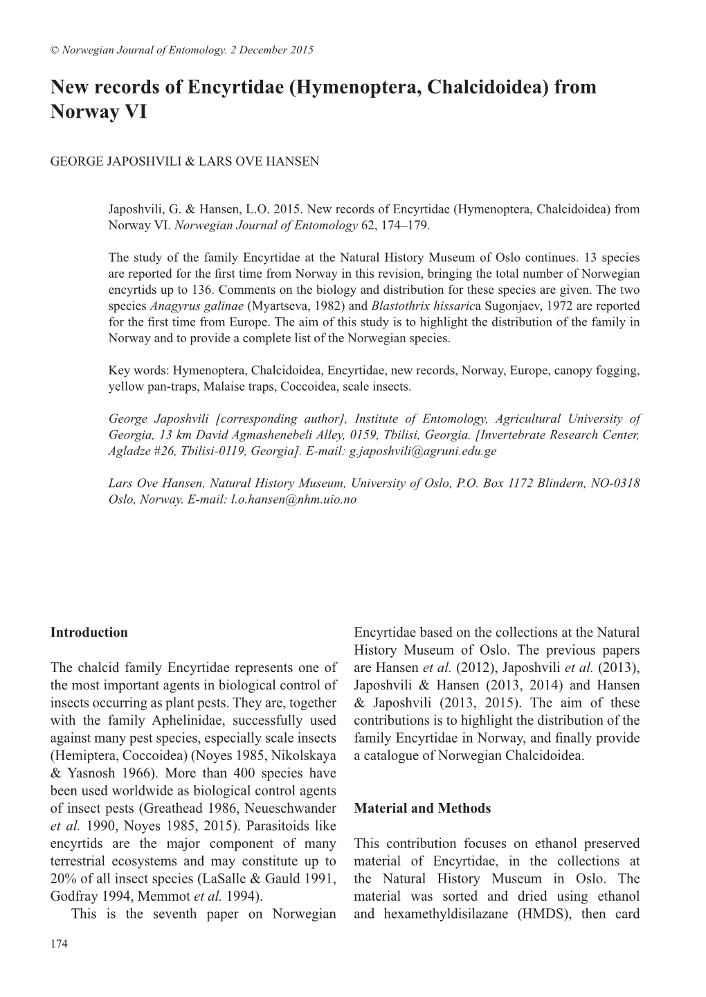 New Records of Encyrtidae (Hymenoptera, Chalcidoidea) from Norway VI