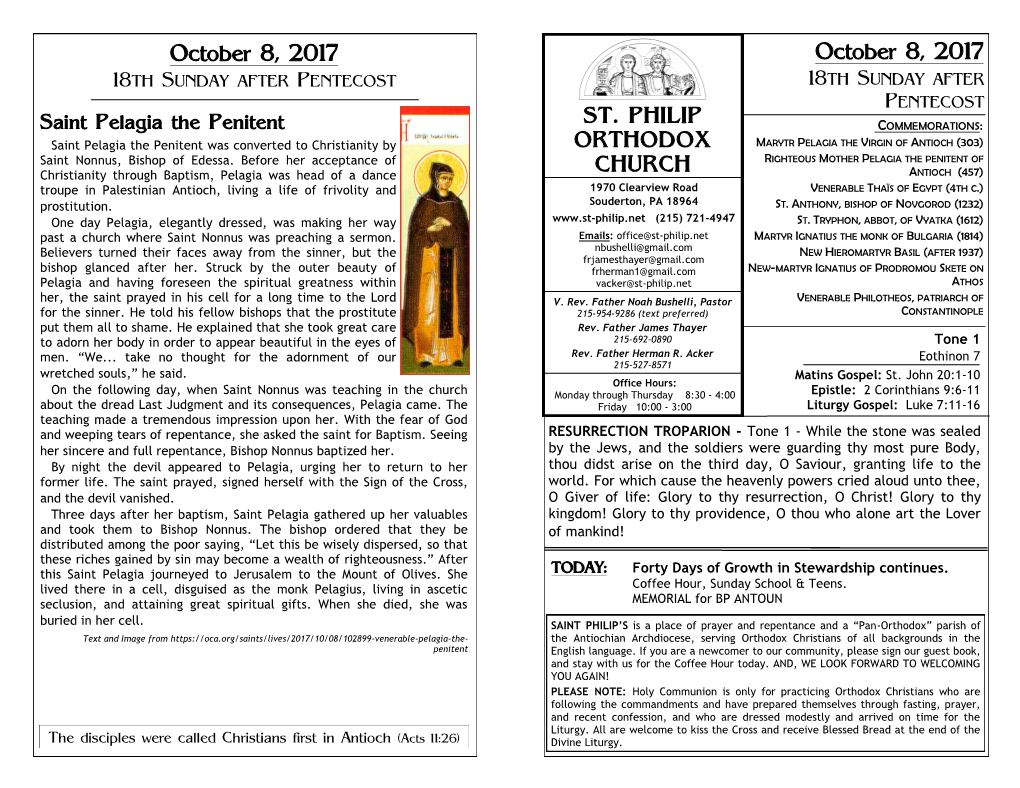 October 8, 2017 October 8, 2017 18TH SUNDAY AFTER PENTECOST 18TH SUNDAY AFTER PENTECOST Saint Pelagia the Penitent ST