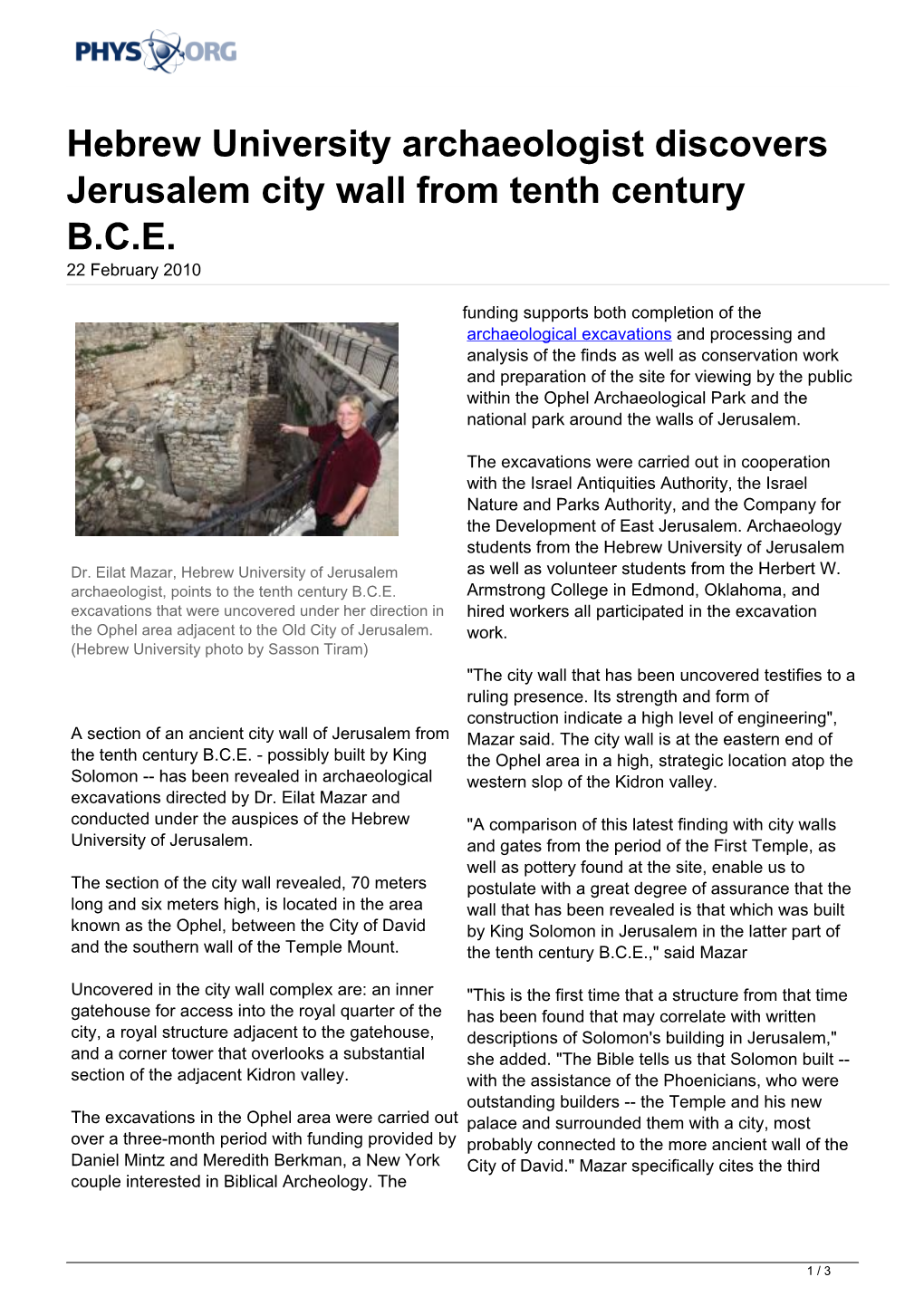 Hebrew University Archaeologist Discovers Jerusalem City Wall from Tenth Century B.C.E