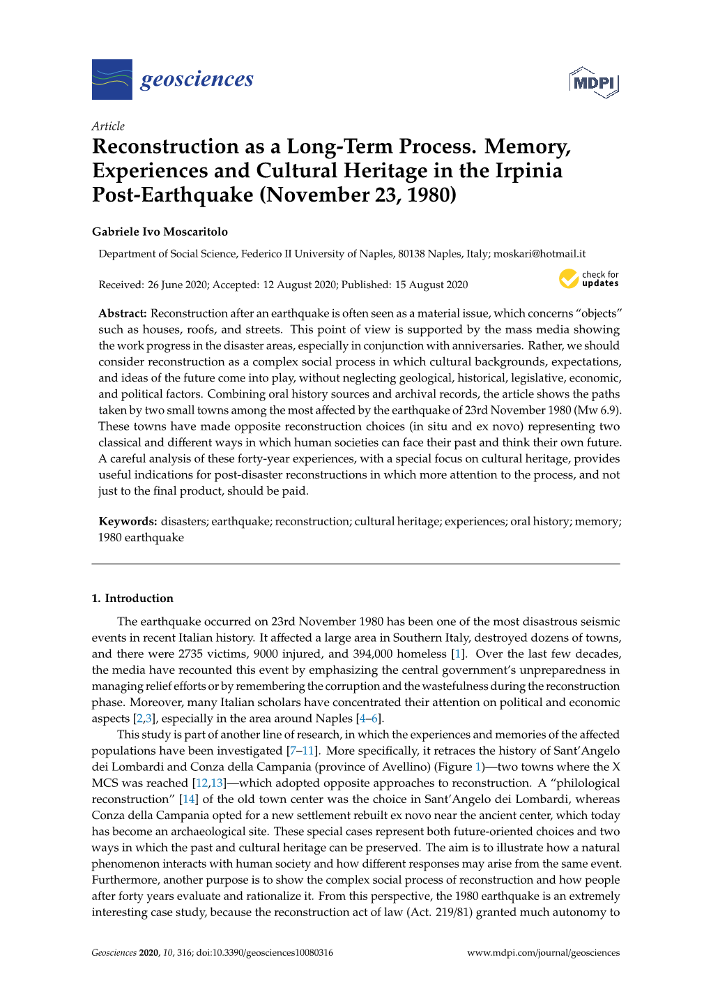 Reconstruction As a Long-Term Process. Memory, Experiences and Cultural Heritage in the Irpinia Post-Earthquake (November 23, 1980)