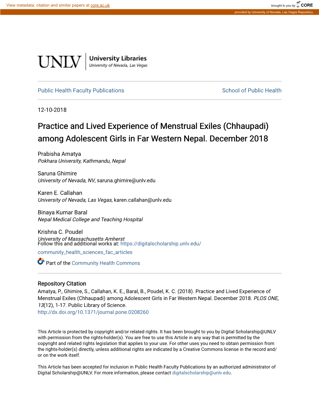 Practice and Lived Experience of Menstrual Exiles (Chhaupadi) Among Adolescent Girls in Far Western Nepal