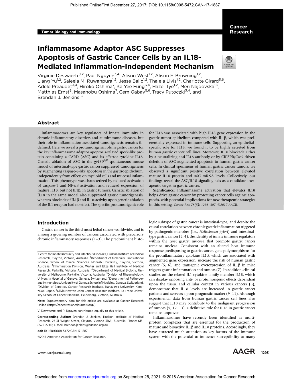 Inflammasome Adaptor ASC Suppresses Apoptosis of Gastric Cancer Cells by an IL18-Mediated Inflammation-Independent Mechanism