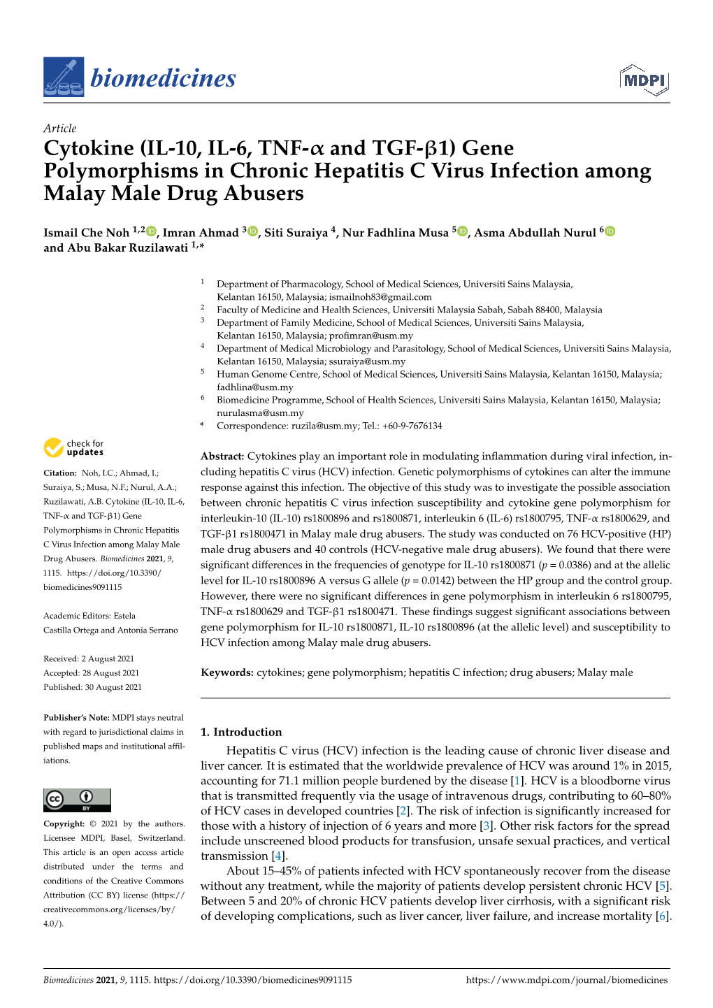 (IL-10, IL-6, TNF-Α and TGF-Β1) Gene Polymorphisms in Chronic Hepatitis C Virus Infection Among Malay Male Drug Abusers
