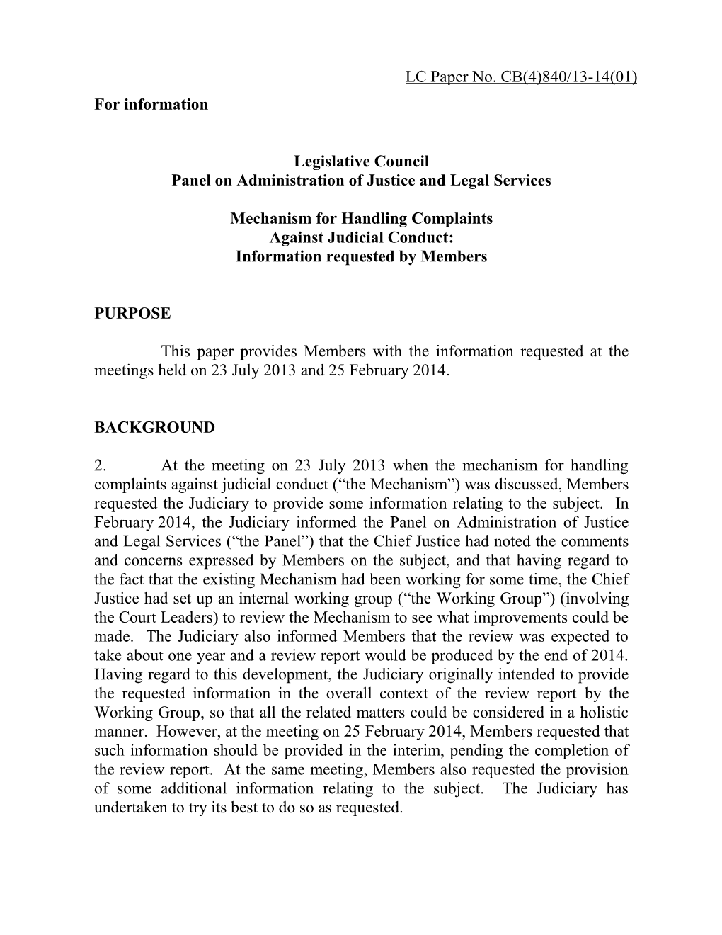 Judiciary's Paper on "Mechanism for Handling Complaints Against Judicial