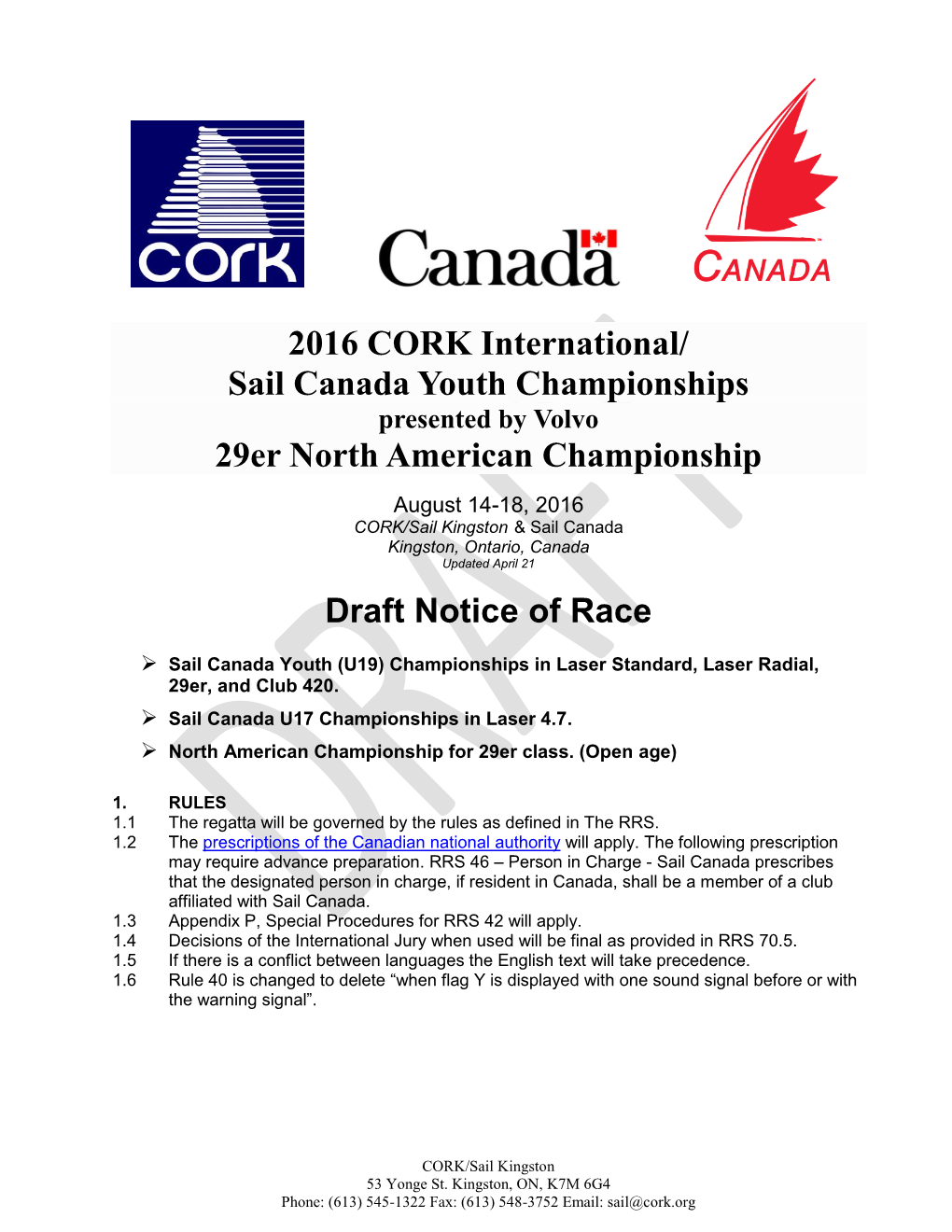 2016 CORK International/ Sail Canada Youth Championships 29Er North American Championship