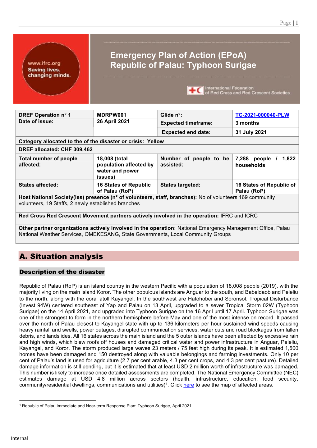 Emergency Plan of Action (Epoa) Republic of Palau: Typhoon Surigae