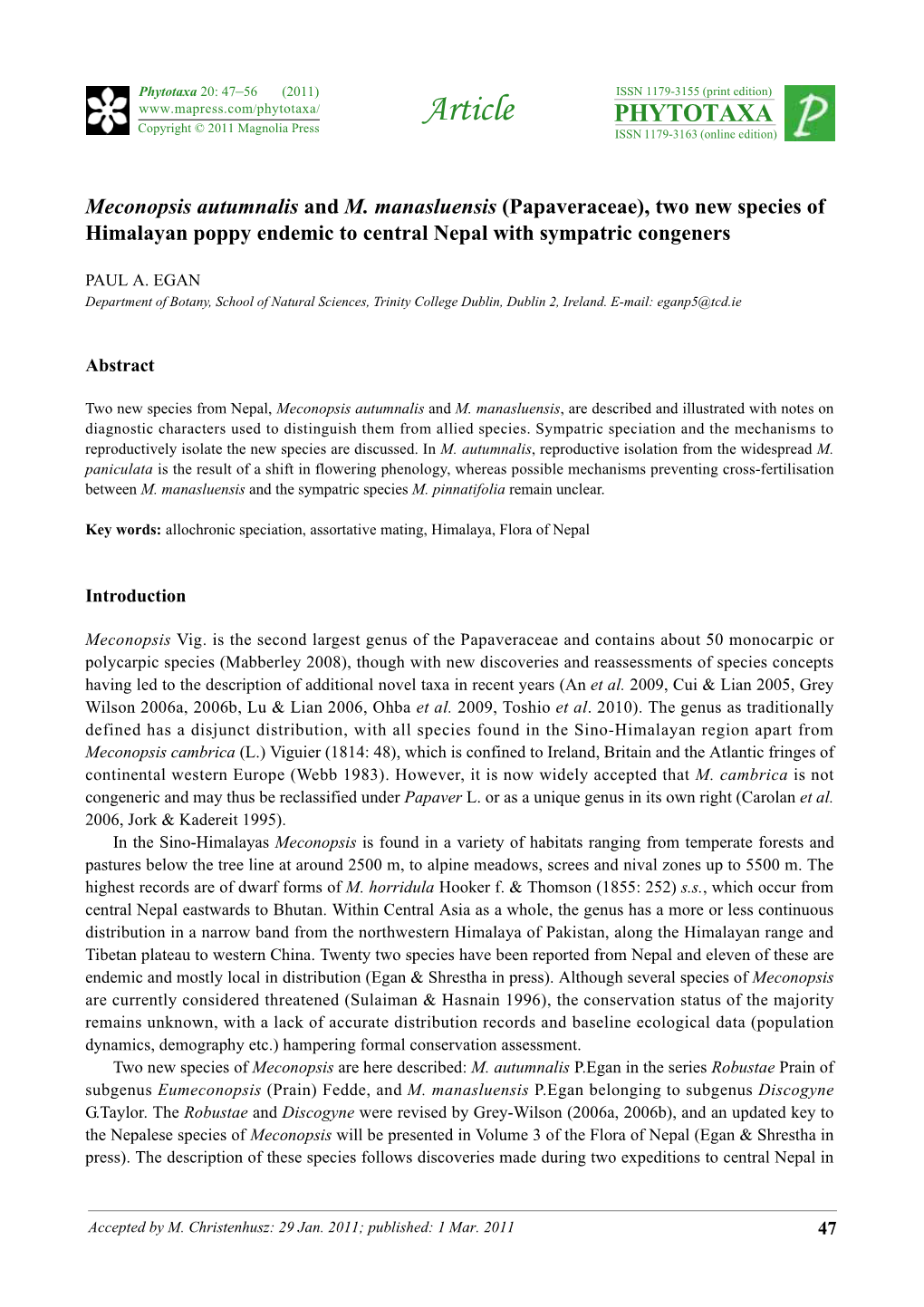 Meconopsis Autumnalis and M. Manasluensis (Papaveraceae), Two New Species of Himalayan Poppy Endemic to Central Nepal with Sympatric Congeners