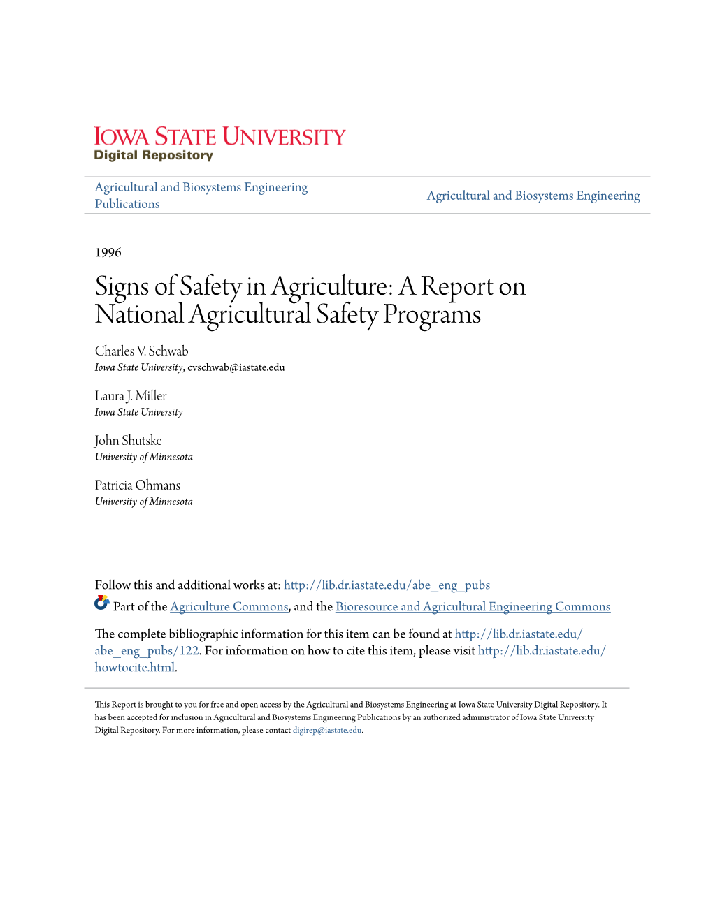 Signs of Safety in Agriculture: a Report on National Agricultural Safety Programs Charles V