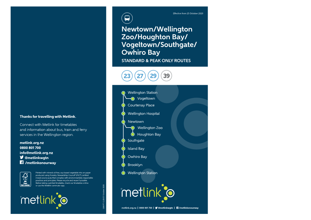 Newtown/Wellington Zoo/Houghton Bay/ Vogeltown/Southgate/ Owhiro Bay STANDARD & PEAK ONLY ROUTES