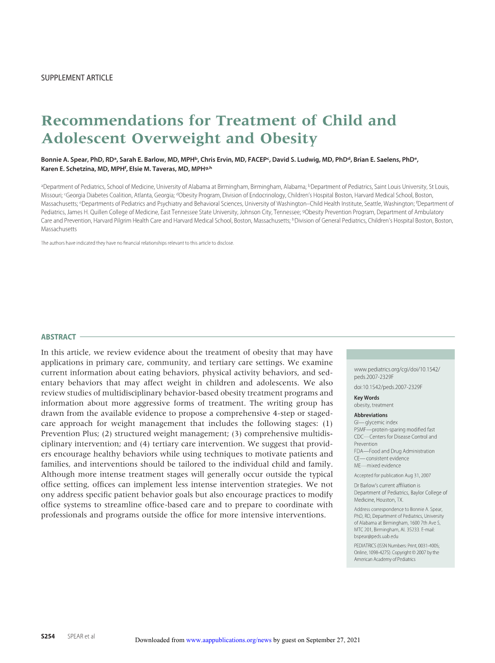 Recommendations for Treatment of Child and Adolescent Overweight and Obesity
