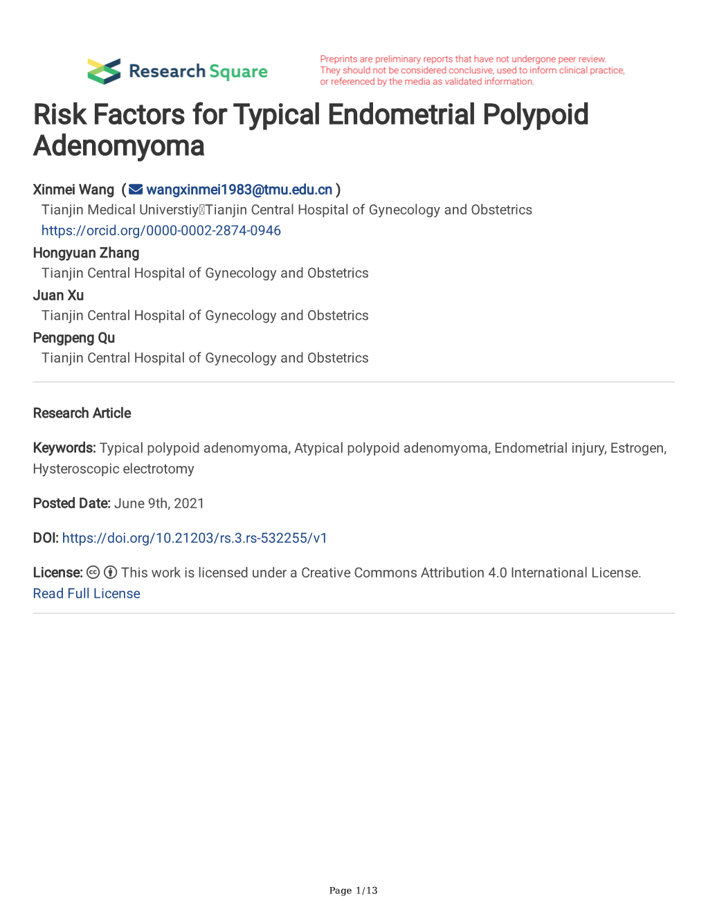 Risk Factors for Typical Endometrial Polypoid Adenomyoma