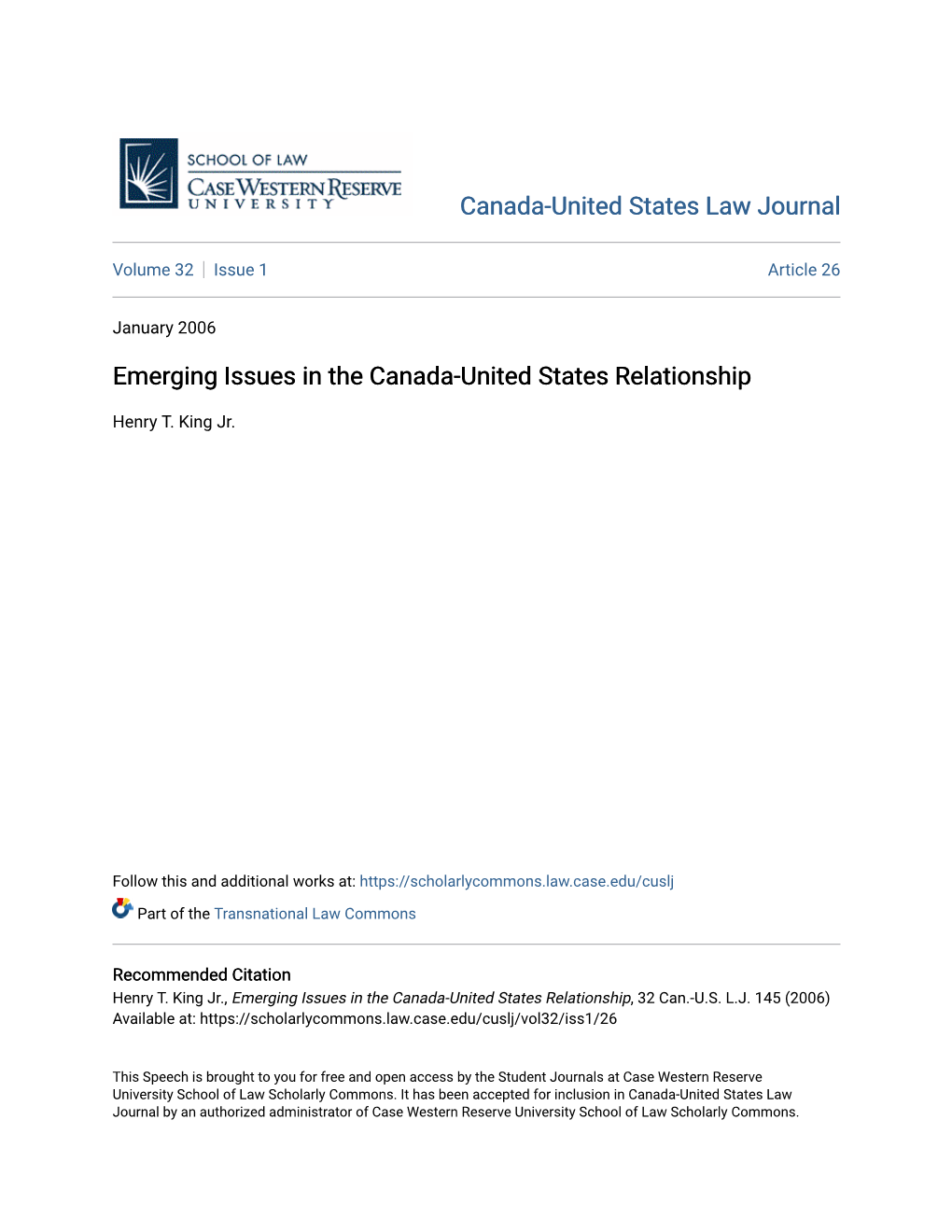 Emerging Issues in the Canada-United States Relationship