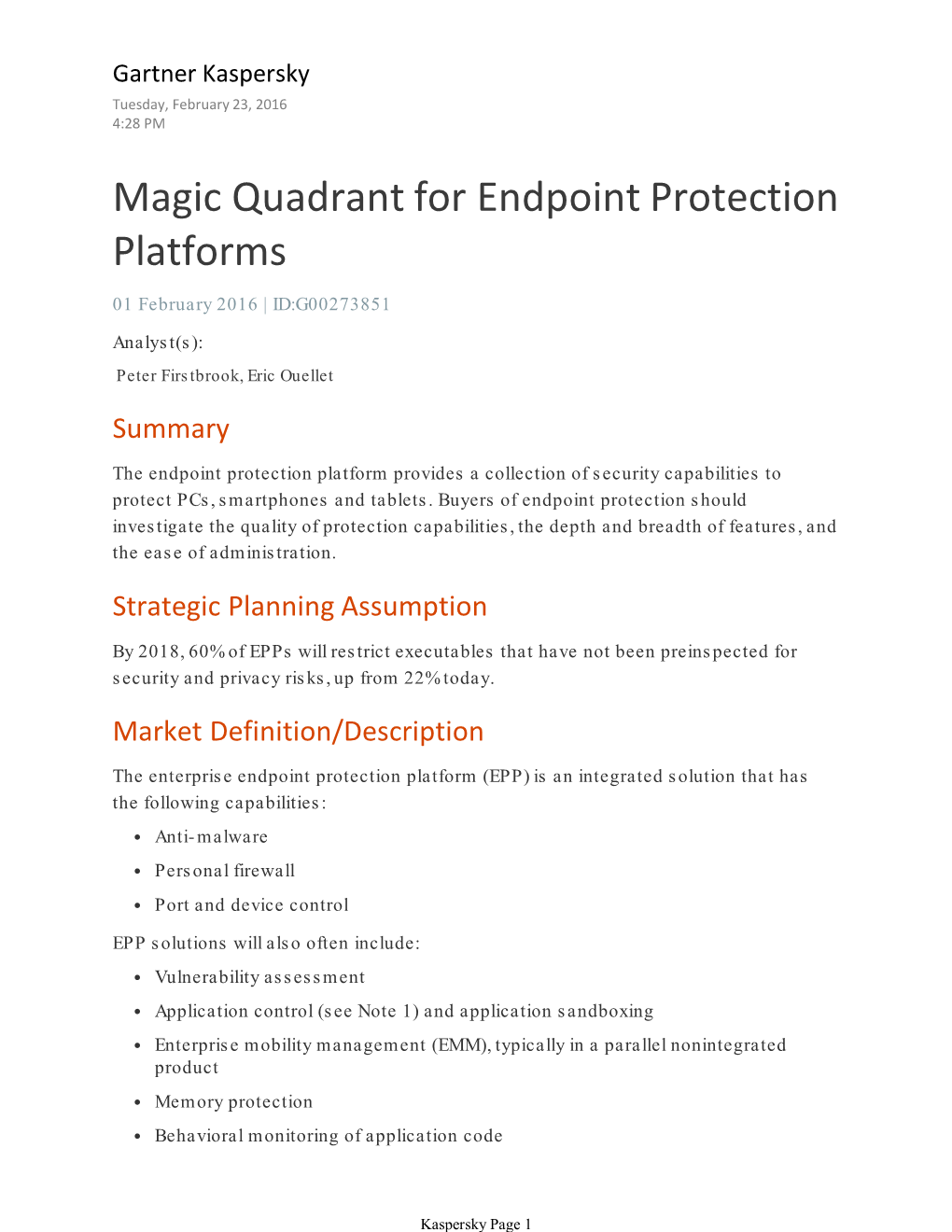 Magic Quadrant for Endpoint Protection Platforms