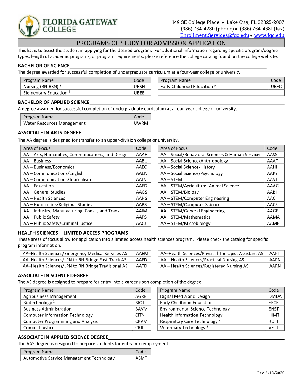 PROGRAMS of STUDY for ADMISSION APPLICATION This List Is to Assist the Student in Applying for the Desired Program