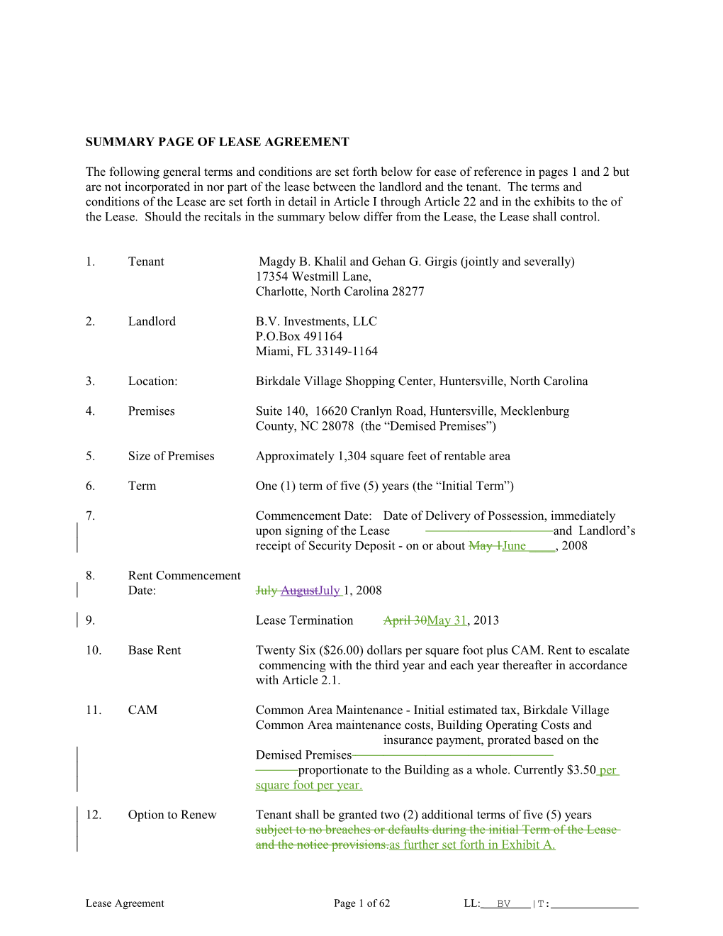 Summary Page of Lease Agreement