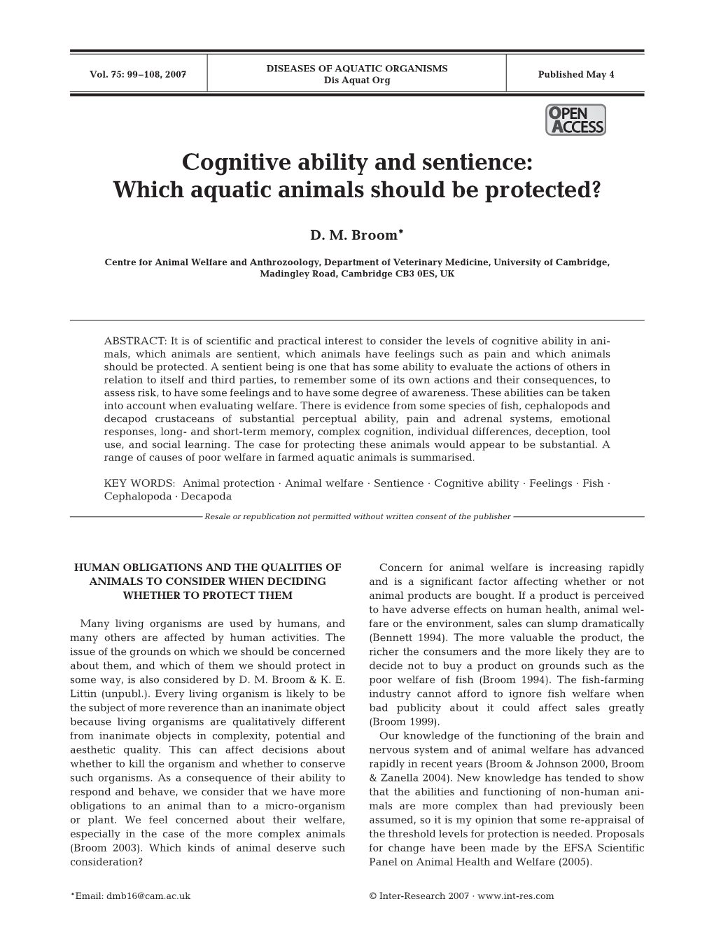 Cognitive Ability and Sentience: Which Aquatic Animals Should Be Protected?